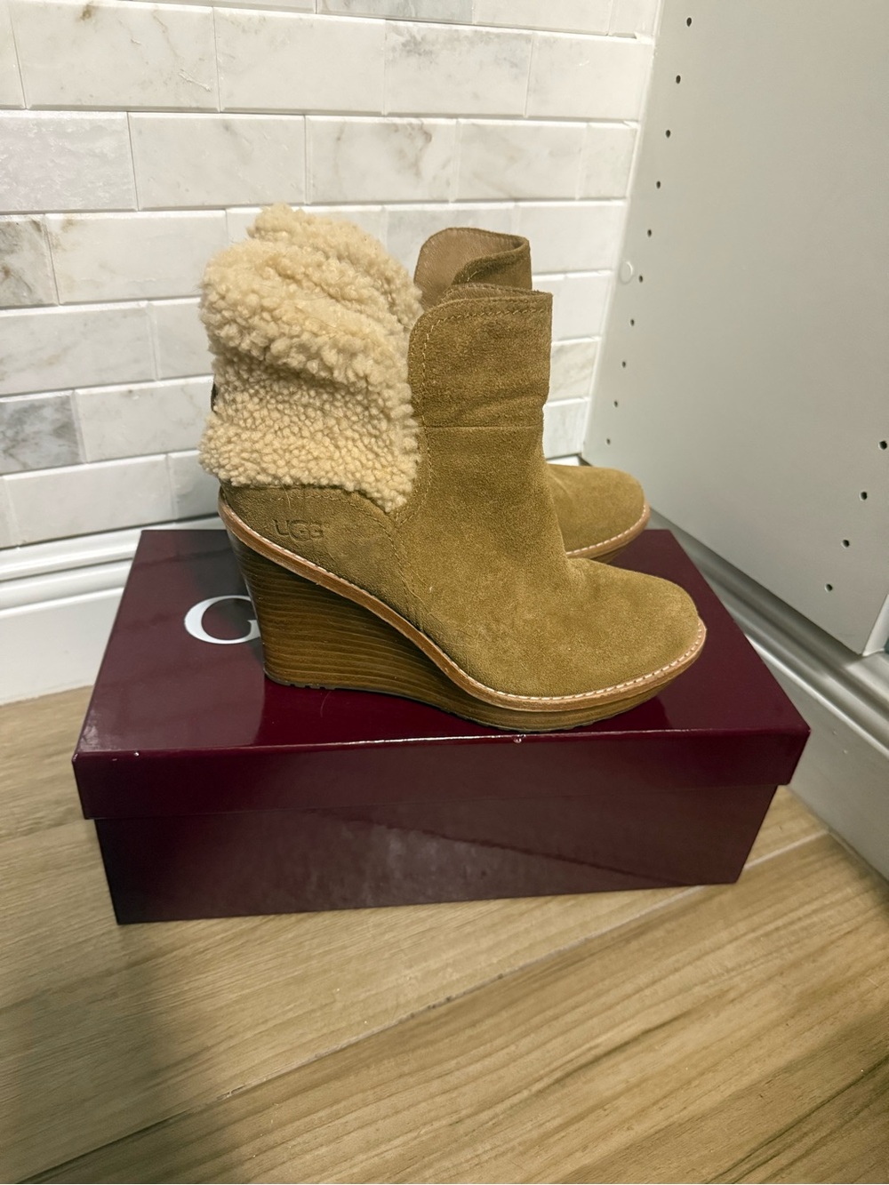 UGG Tan Suede Wedge Bootie with Shearling Cuff
